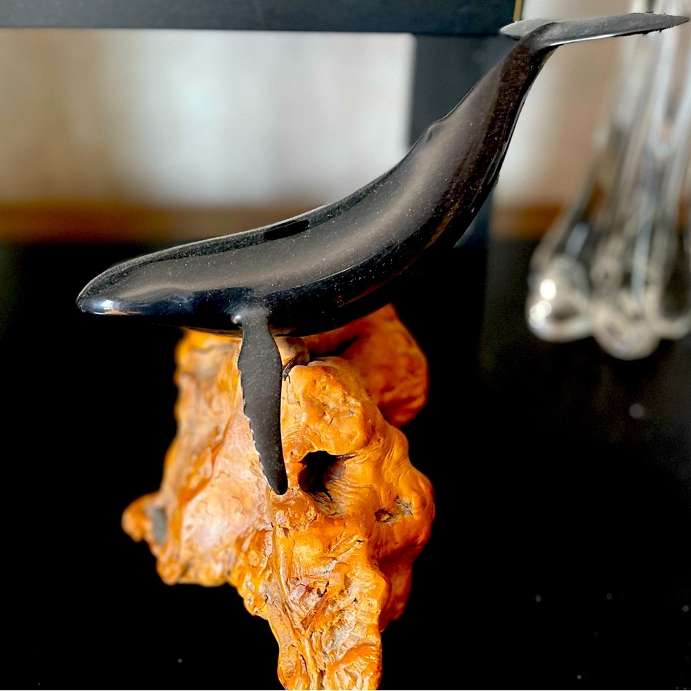 John Perry Whale Sculpture Black Burlwood base